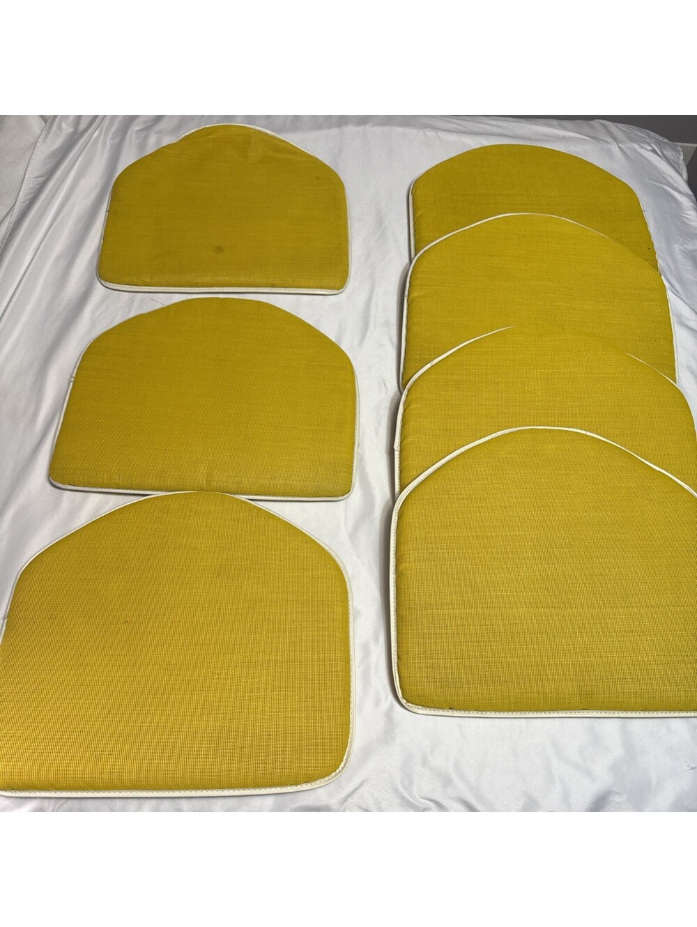 Vtg Lawn Chair Cushions Pads Webbed Patio 1970’s Groovy Funky Yellow Set of 7